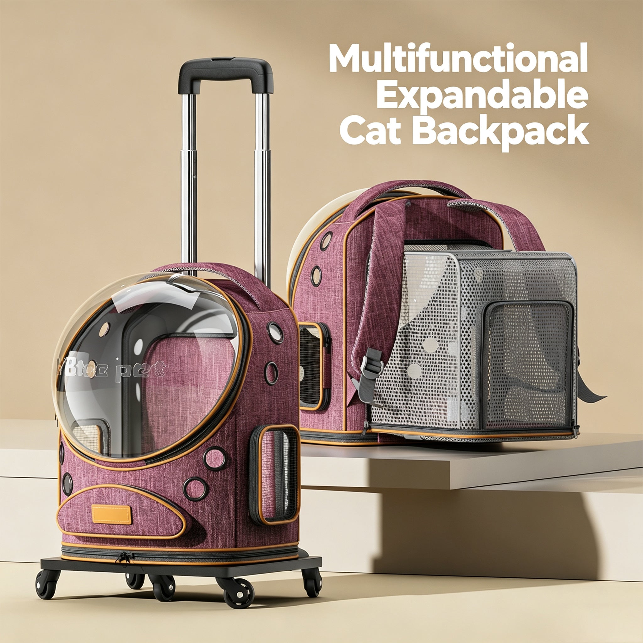 Wheeled Expandable Pet Backpack,Comfortable Outdoor Travel Home For Your Cat