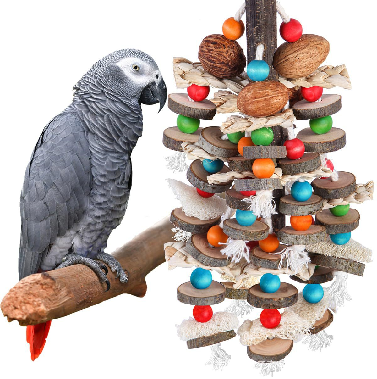 Natural Large Parrot Hanging Chew Toy, Wooden Nut Loofah Foraging Toy for Macaw Cockatoo African Grey Parrot Cage Decoration