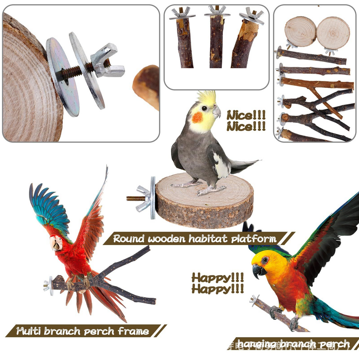 Natural Apple Wood Bird Perch Set, Wooden Platform & Branch Bird Cage Accessories for Parakeet Cockatiel Conure Parrots