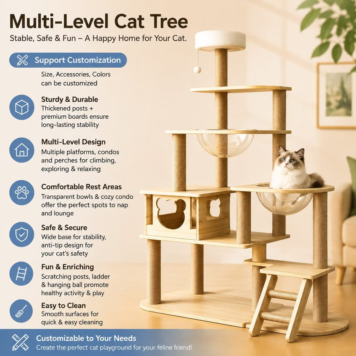 Heavy‑Duty Wooden Cat Tree｜Spacious Space Capsule Tower For Your Furry Friends