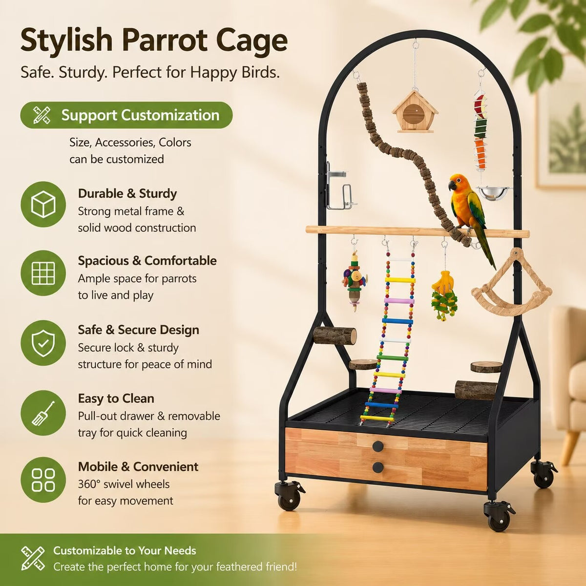 Arched Parrot Play Stand｜Rollable Bird Perch With Storage Drawer & Toy Hanging Area