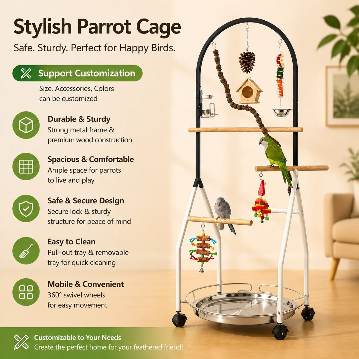 Movable Parrot Bird Stand, Freely Move Your Parrot Play Area Anywhere
