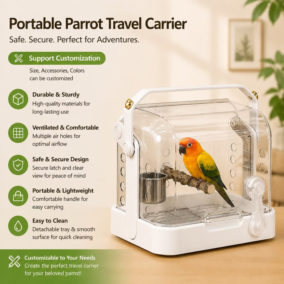 360° Clear Bird Travel Cage | Portable Hand & Crossbody Bird Carrier for Outdoor Walking