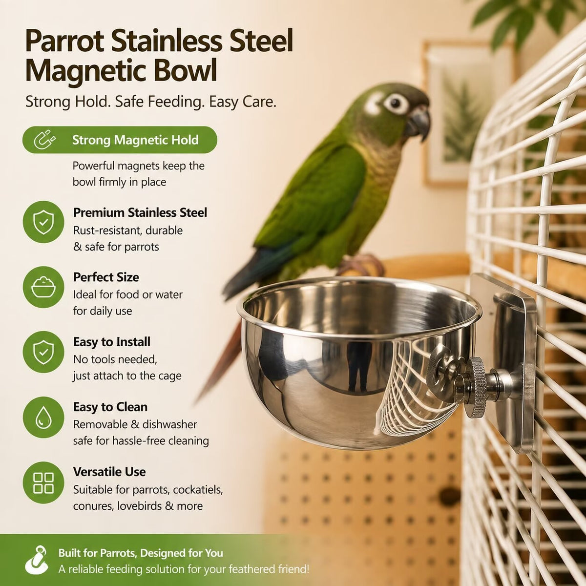 Anti-Spill Bird Feeder Bowl | Adjustable Hanging Stainless Steel Parrot Food Water Cup