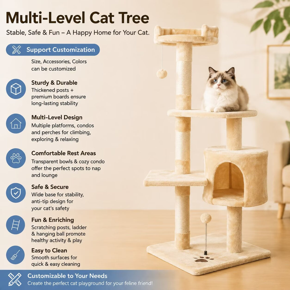 All-in-One Cat Tree Tower | Scratching Post, Condo Bed & Interactive Toys Combined