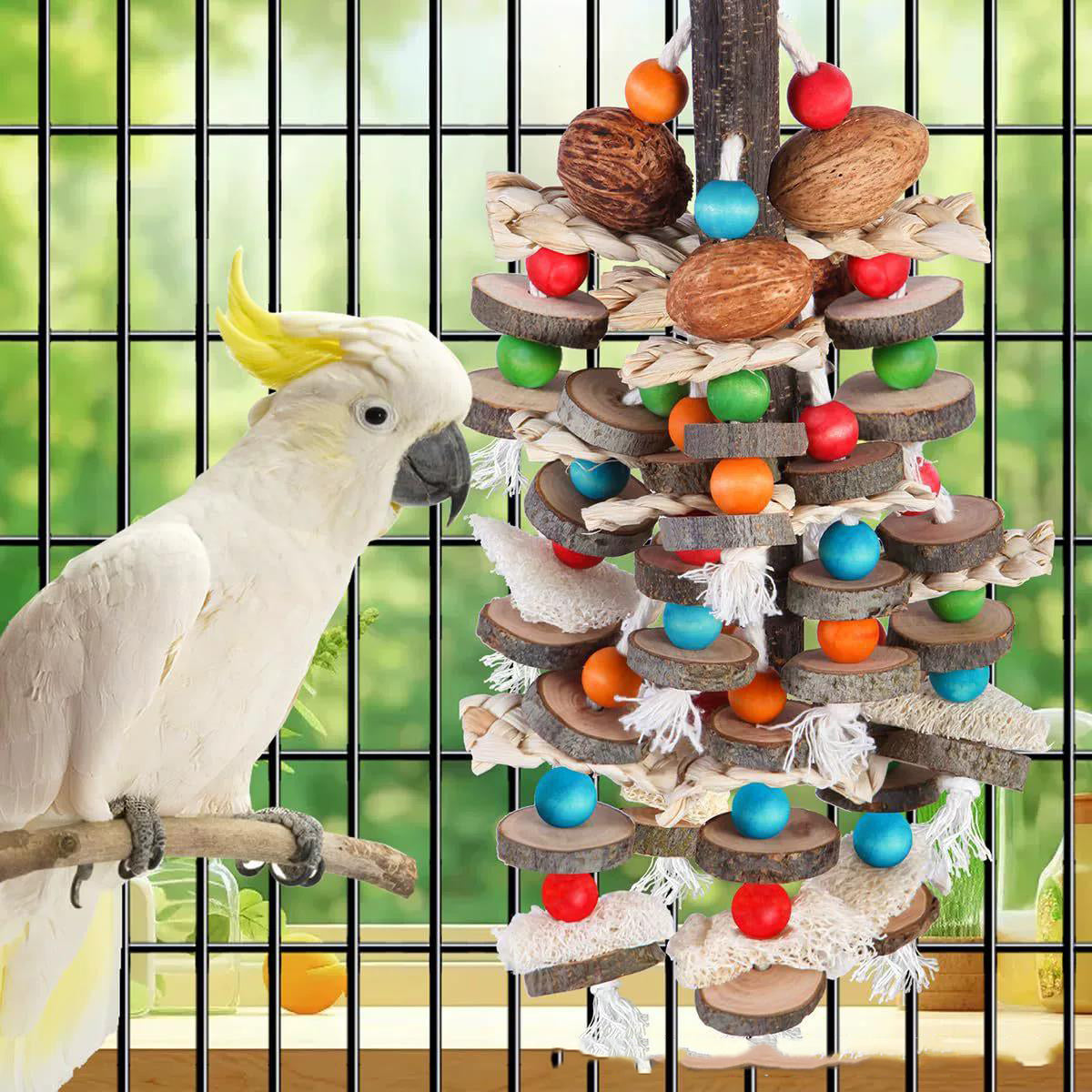 Natural Large Parrot Hanging Chew Toy, Wooden Nut Loofah Foraging Toy for Macaw Cockatoo African Grey Parrot Cage Decoration
