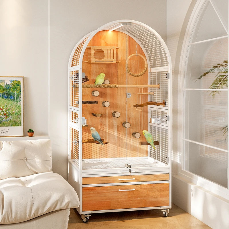 Panoramic Solid Wood Parrot Aviary Villa,Indoor Large Bird Cage with Rolling Wheels & Pull‑out Cleaning Drawers