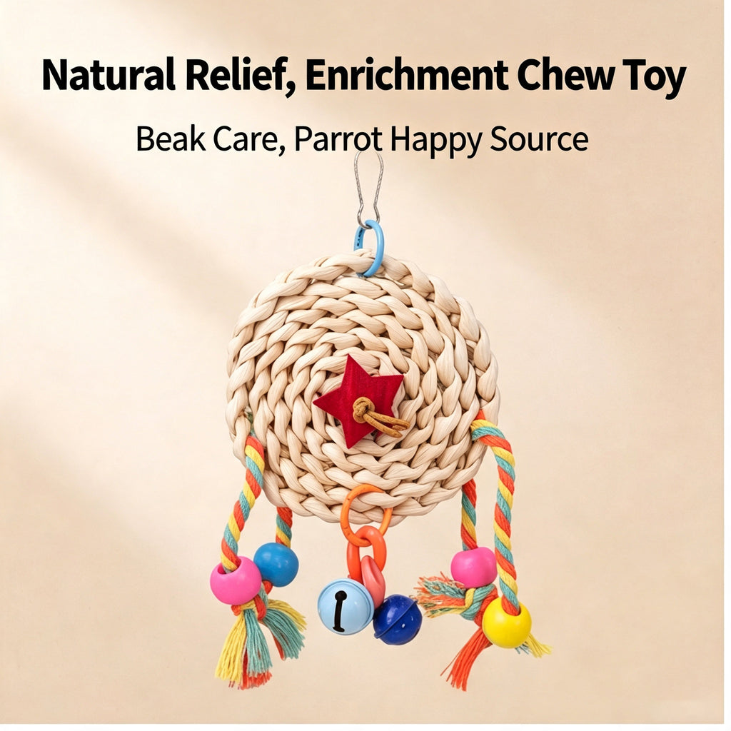 Hanging Natural Woven Bird Chew Toy, Parrot Enrichment Toy with Bells for Small & Medium Parrots