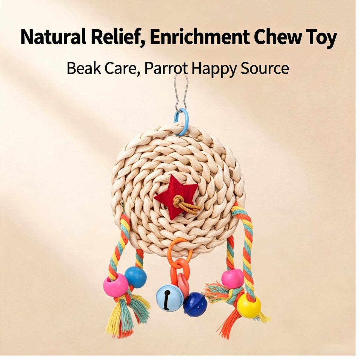 Hanging Natural Woven Bird Chew Toy, Parrot Enrichment Toy with Bells for Small & Medium Parrots