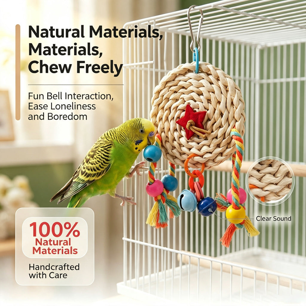 Hanging Natural Woven Bird Chew Toy, Parrot Enrichment Toy with Bells for Small & Medium Parrots