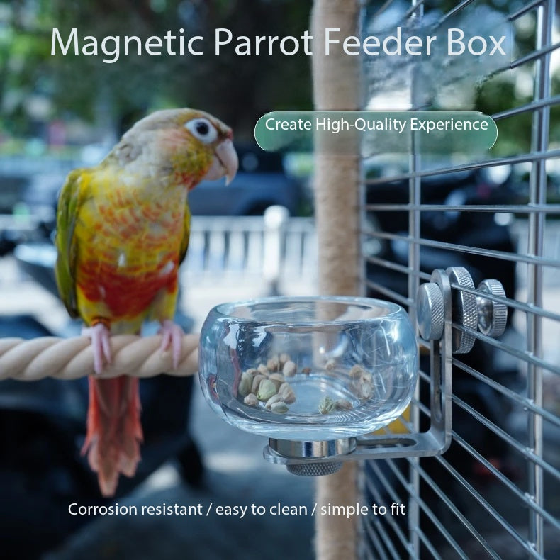 Magnetic Glass Parrot Feeder Box, Easy Install Bird Cage Food Bowl