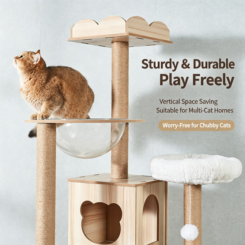 Heavy‑Duty Wooden Cat Tree｜Spacious Space Capsule Tower For Your Furry Friends