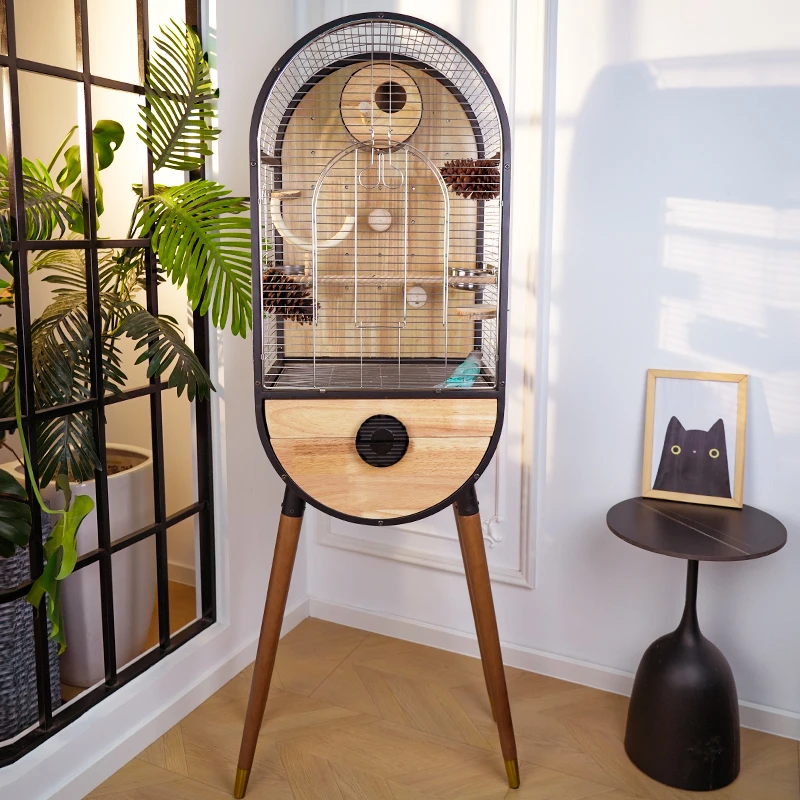 Modern High‑Leg Parrot Cage,Oval Metal & Wood Indoor Bird House for Budgies Cockatiels