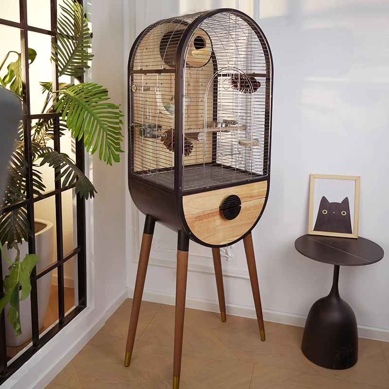 Modern High‑Leg Parrot Cage,Oval Metal & Wood Indoor Bird House for Budgies Cockatiels