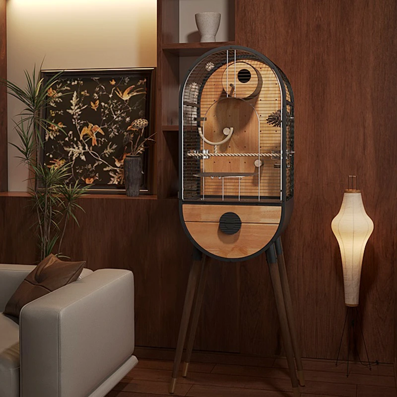 Modern High‑Leg Parrot Cage,Oval Metal & Wood Indoor Bird House for Budgies Cockatiels