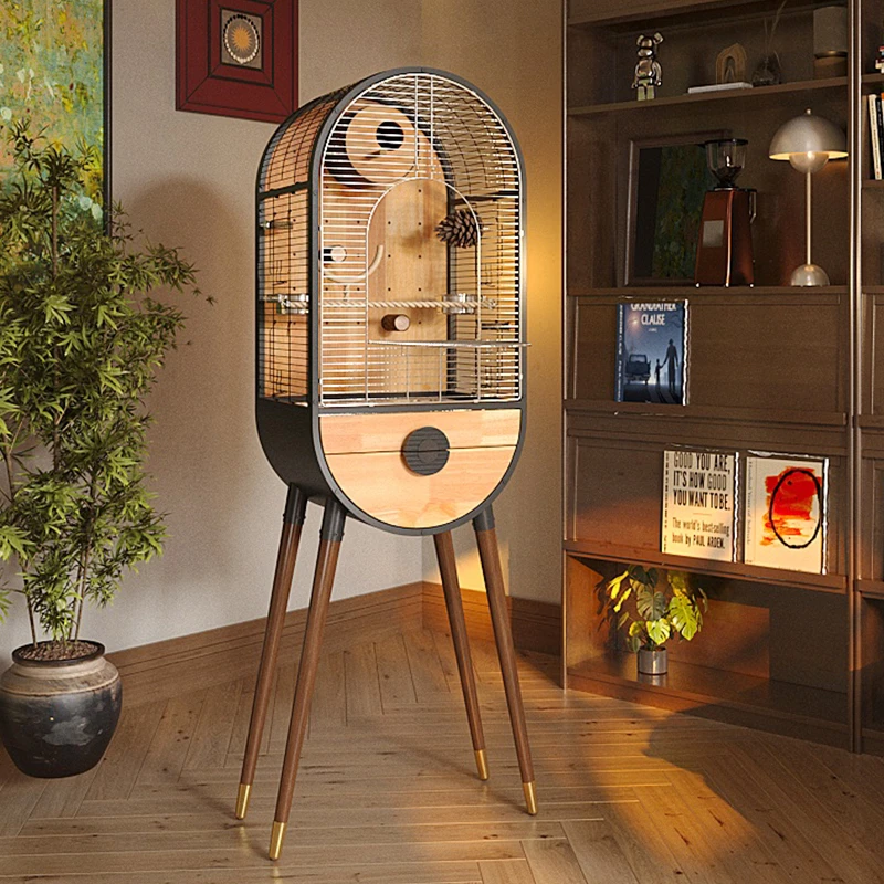 Modern High‑Leg Parrot Cage,Oval Metal & Wood Indoor Bird House for Budgies Cockatiels