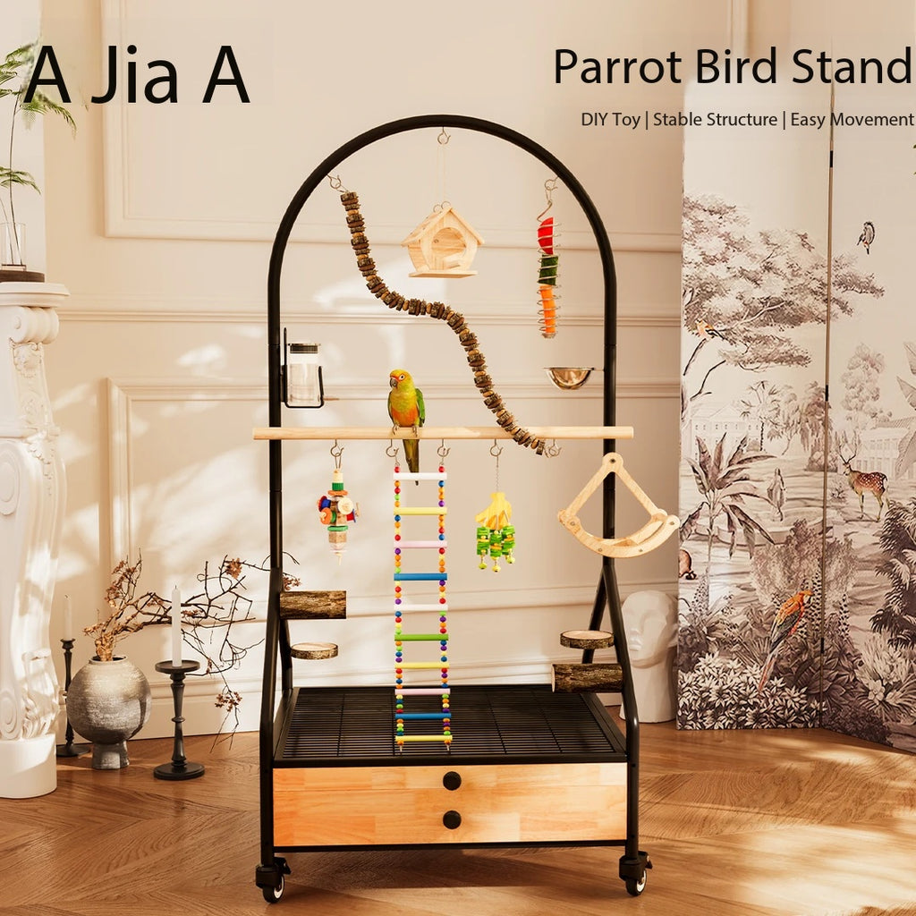 Arched Parrot Play Stand｜Rollable Bird Perch With Storage Drawer & Toy Hanging Area