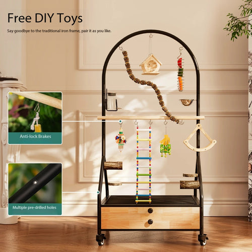 Arched Parrot Play Stand｜Rollable Bird Perch With Storage Drawer & Toy Hanging Area
