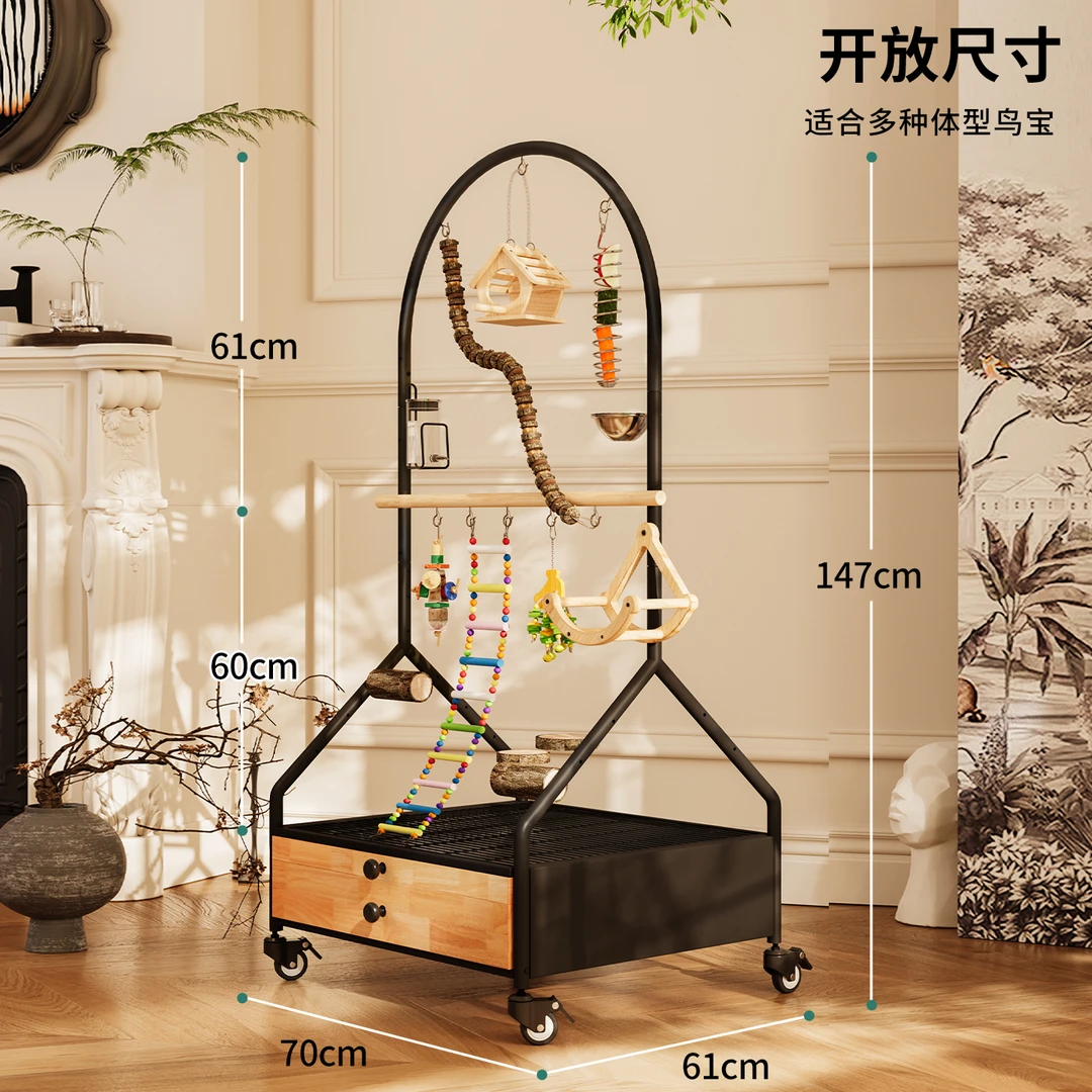 Arched Parrot Play Stand｜Rollable Bird Perch With Storage Drawer & Toy Hanging Area