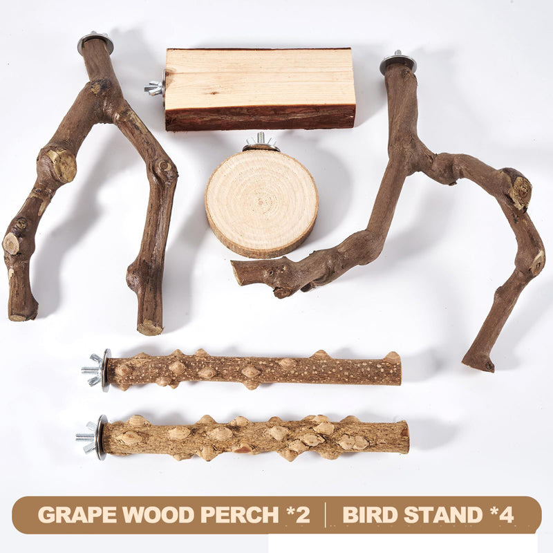 Parrot Natural Wood Perch Set, Bird Cage Stand Branches, Safe Chewing Grinding Toy for Small Medium Parrots Budgies Lovebirds
