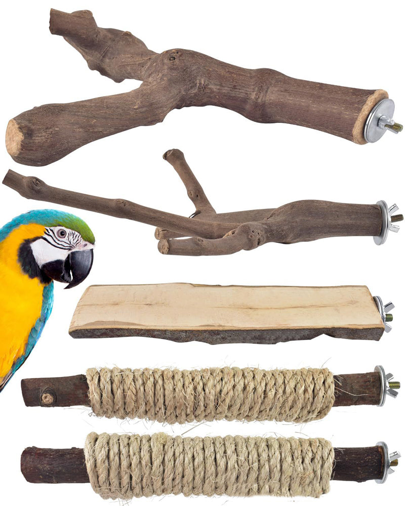 Parrot Natural Wood Perch Set, Bird Cage Stand Branches, Safe Chewing Grinding Toy for Small Medium Parrots Budgies Lovebirds