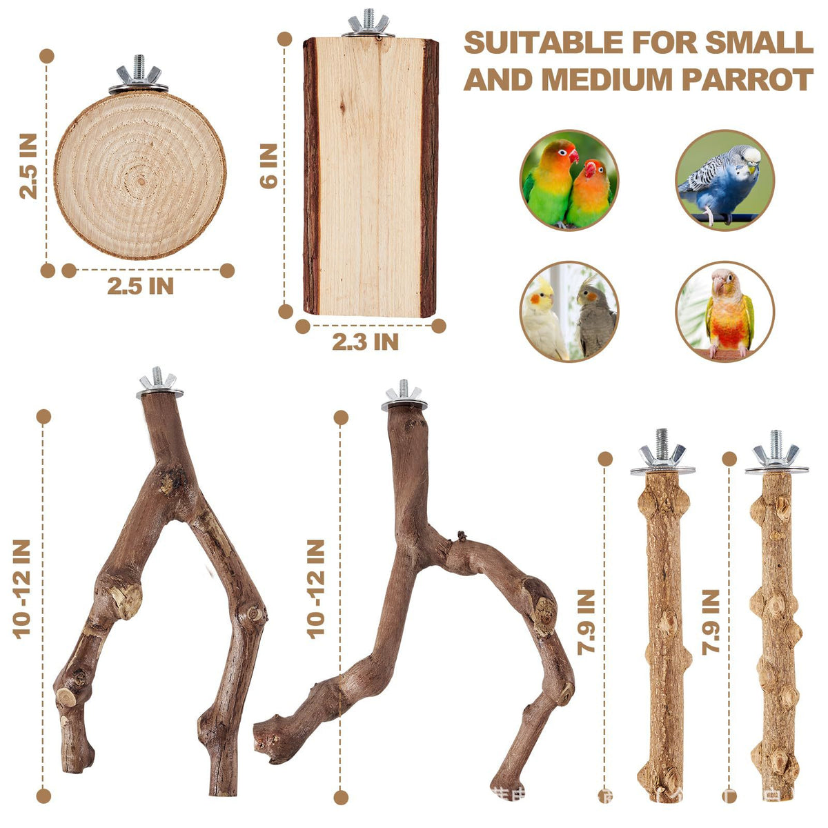 Real Tree Branch Bird Perch Stand, Bird Cage Accessory, Natural Wooden Standing Chew Toy for Parakeet, Budgie, Lovebird, Conure