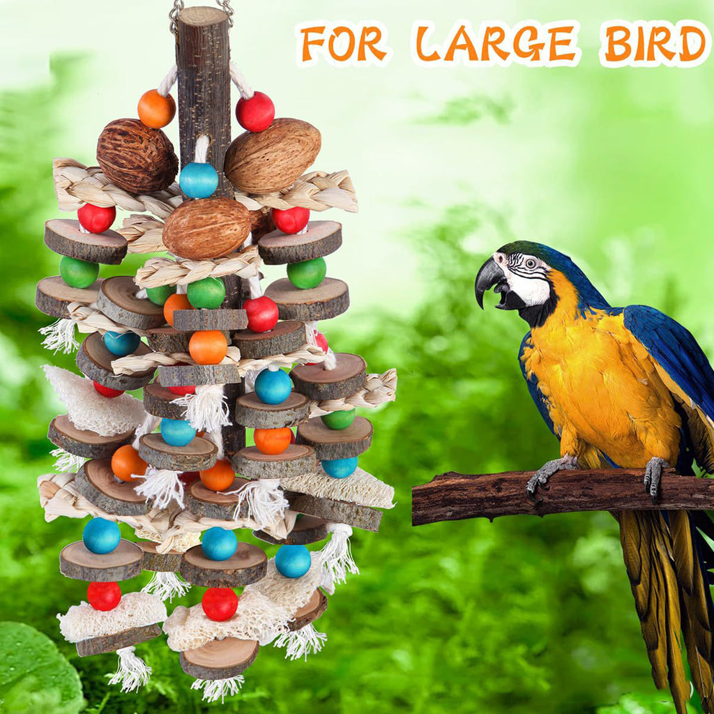 Natural Large Parrot Hanging Chew Toy, Wooden Nut Loofah Foraging Toy for Macaw Cockatoo African Grey Parrot Cage Decoration