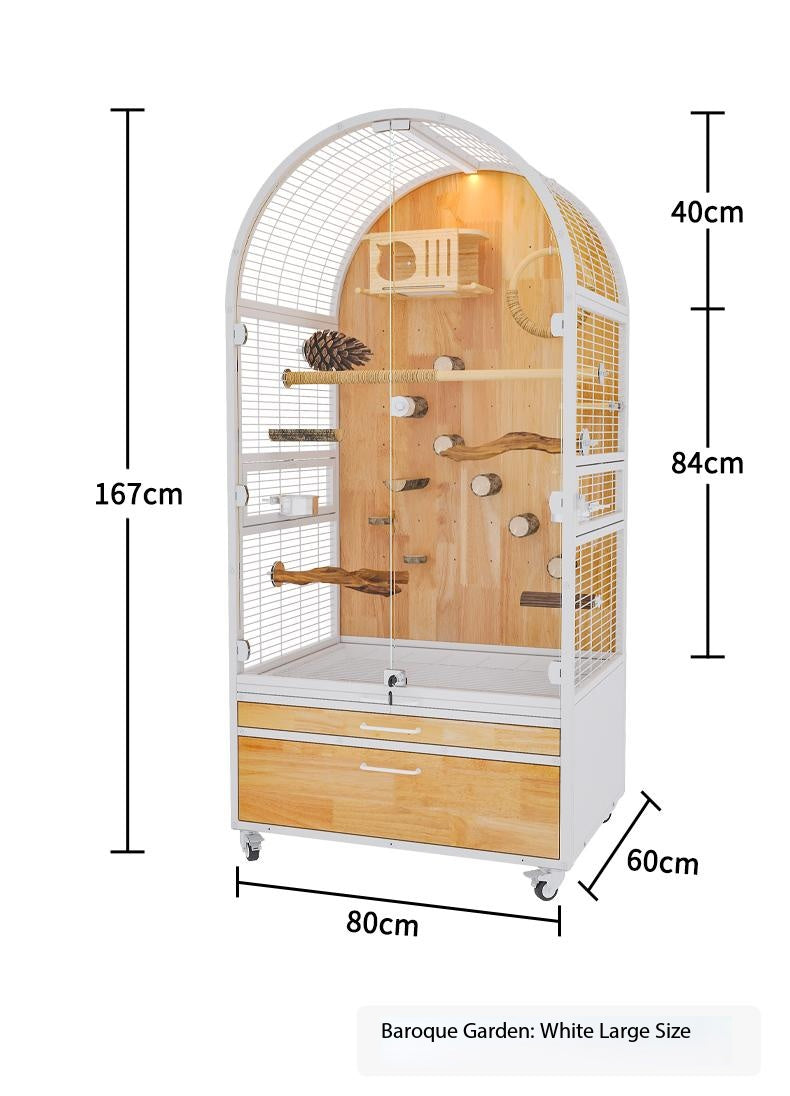 Panoramic Solid Wood Parrot Aviary Villa,Indoor Large Bird Cage with Rolling Wheels & Pull‑out Cleaning Drawers