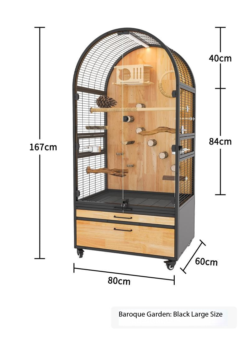 Panoramic Solid Wood Parrot Aviary Villa,Indoor Large Bird Cage with Rolling Wheels & Pull‑out Cleaning Drawers