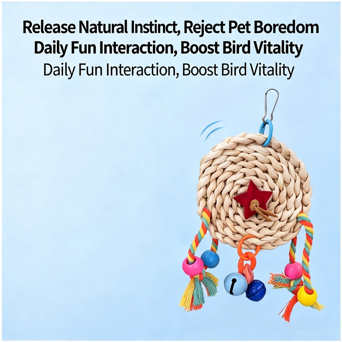 Hanging Natural Woven Bird Chew Toy, Parrot Enrichment Toy with Bells for Small & Medium Parrots