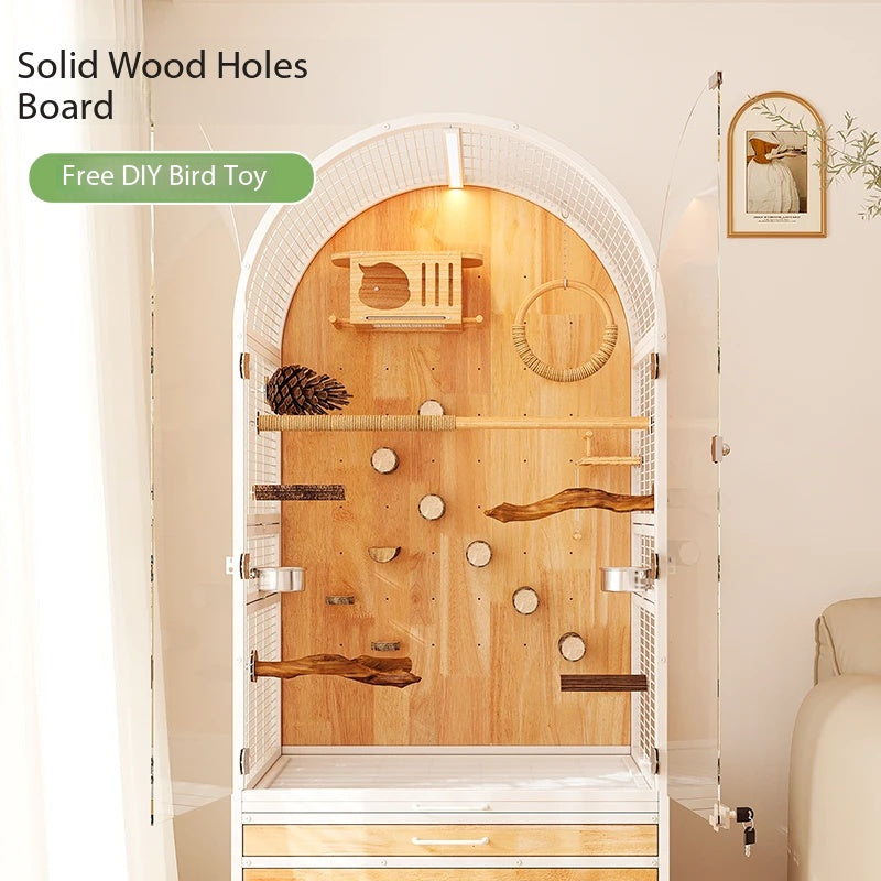 Panoramic Solid Wood Parrot Aviary Villa,Indoor Large Bird Cage with Rolling Wheels & Pull‑out Cleaning Drawers