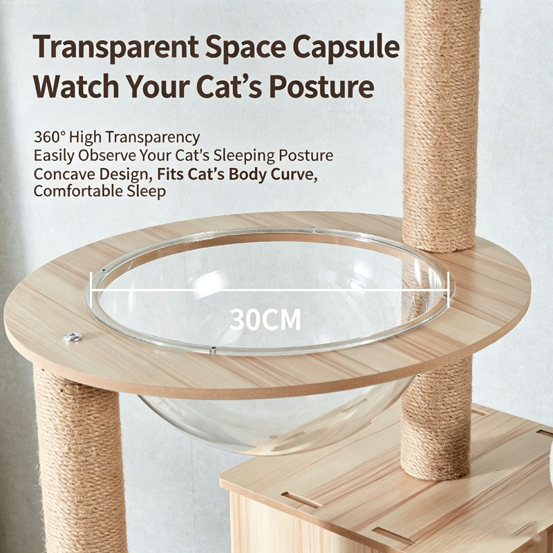 Heavy‑Duty Wooden Cat Tree｜Spacious Space Capsule Tower For Your Furry Friends