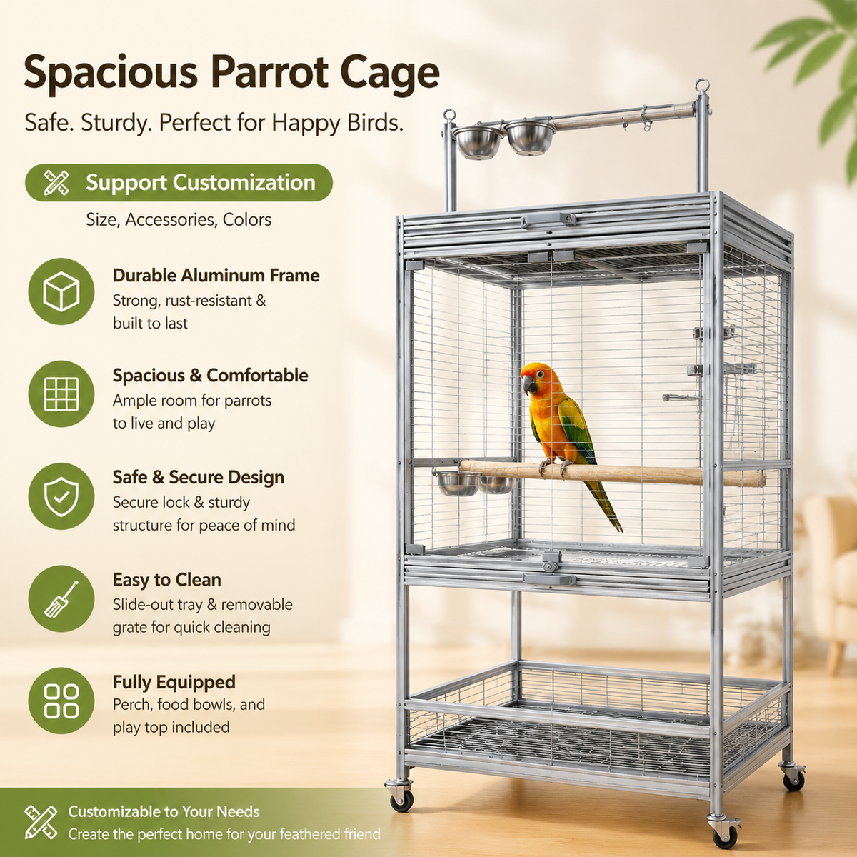 Large Rolling Parrot Cage for Medium Conure Parrots