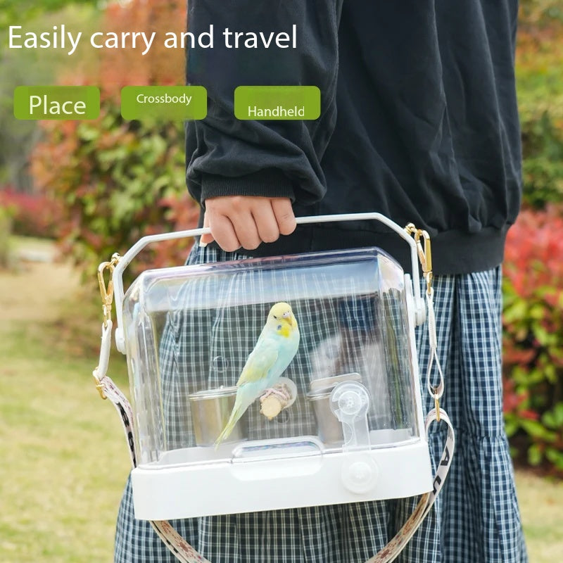 360° Clear Bird Travel Cage | Portable Hand & Crossbody Bird Carrier for Outdoor Walking