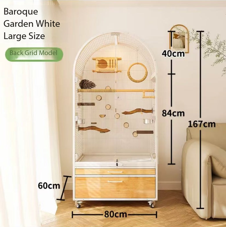 Panoramic Solid Wood Parrot Aviary Villa,Indoor Large Bird Cage with Rolling Wheels & Pull‑out Cleaning Drawers