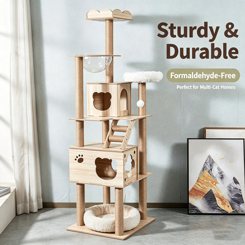 Heavy‑Duty Wooden Cat Tree｜Spacious Space Capsule Tower For Your Furry Friends