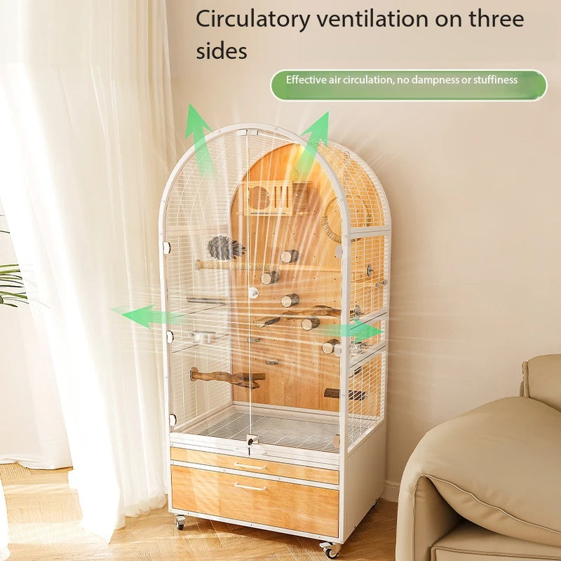 Panoramic Solid Wood Parrot Aviary Villa,Indoor Large Bird Cage with Rolling Wheels & Pull‑out Cleaning Drawers