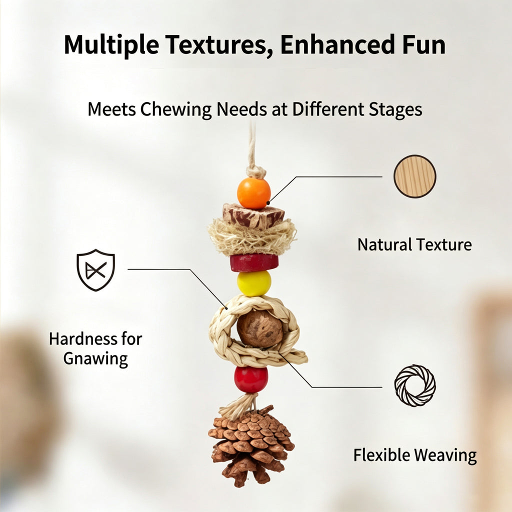 Parrot toy gnawing and biting to relieve boredom, grinding mouth string, corn braid, pine cone, starfruit, silk gourd, web gnawing and biting string, tiger skin, Xuan Feng toy
