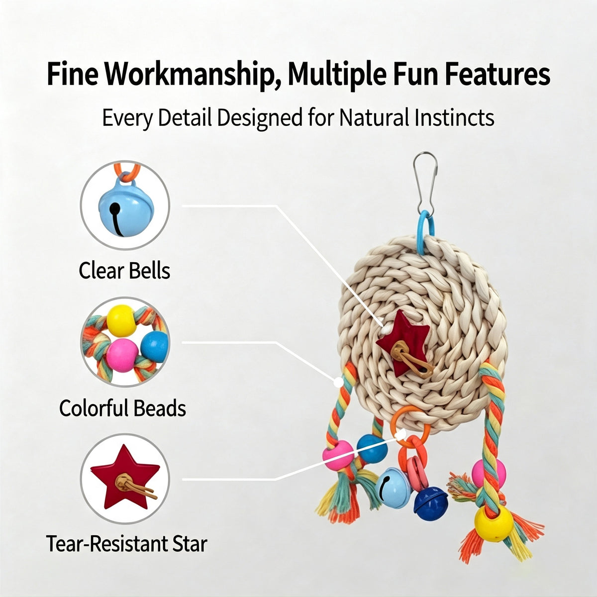 Hanging Natural Woven Bird Chew Toy, Parrot Enrichment Toy with Bells for Small & Medium Parrots