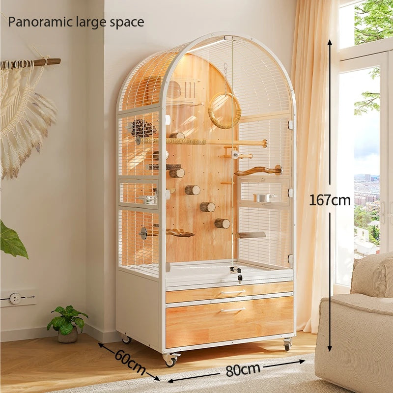 Panoramic Solid Wood Parrot Aviary Villa,Indoor Large Bird Cage with Rolling Wheels & Pull‑out Cleaning Drawers