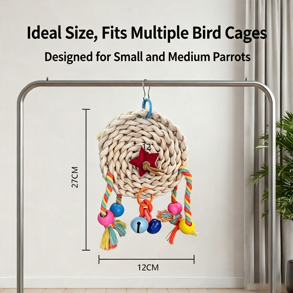 Hanging Natural Woven Bird Chew Toy, Parrot Enrichment Toy with Bells for Small & Medium Parrots