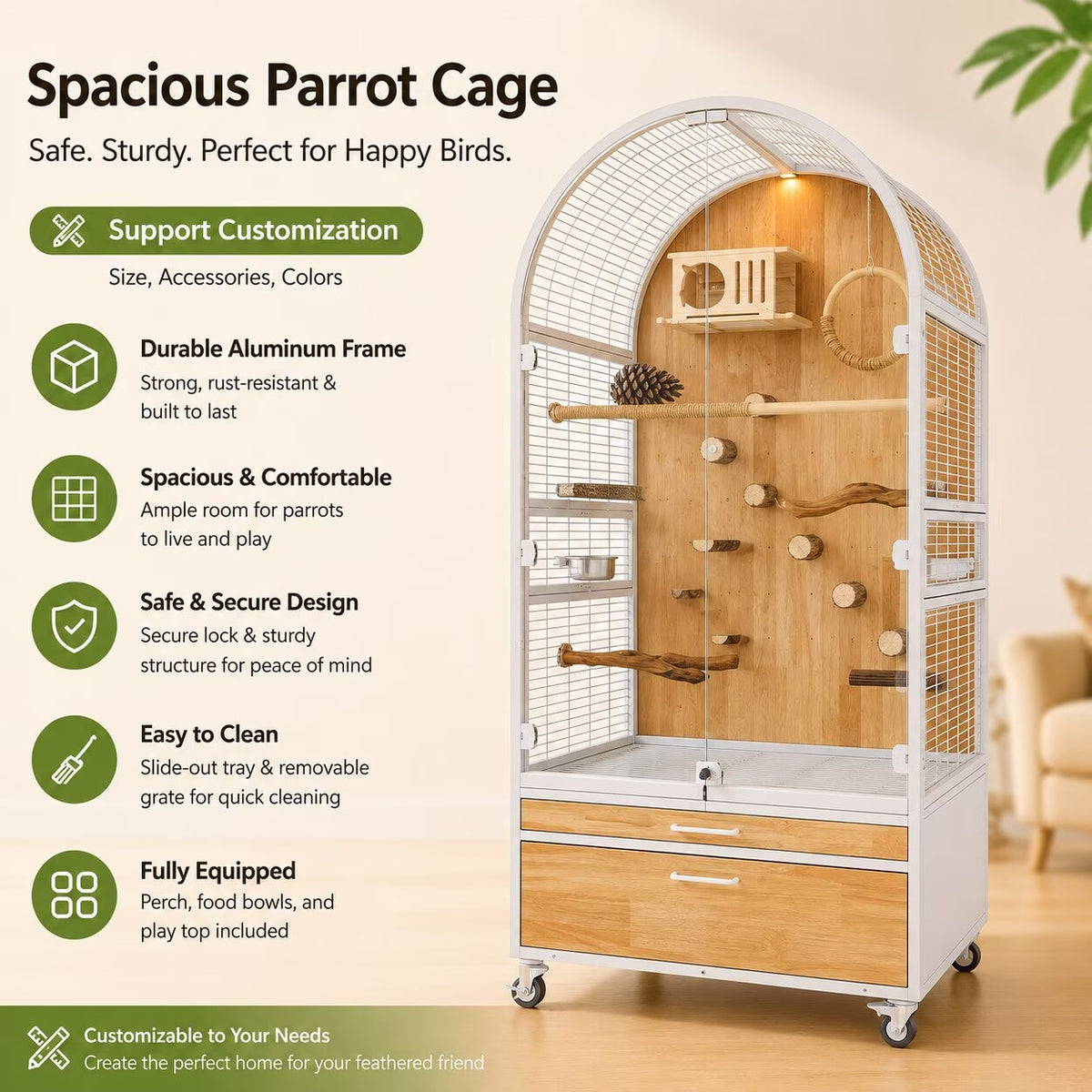 Panoramic Solid Wood Parrot Aviary Villa,Indoor Large Bird Cage with Rolling Wheels & Pull‑out Cleaning Drawers