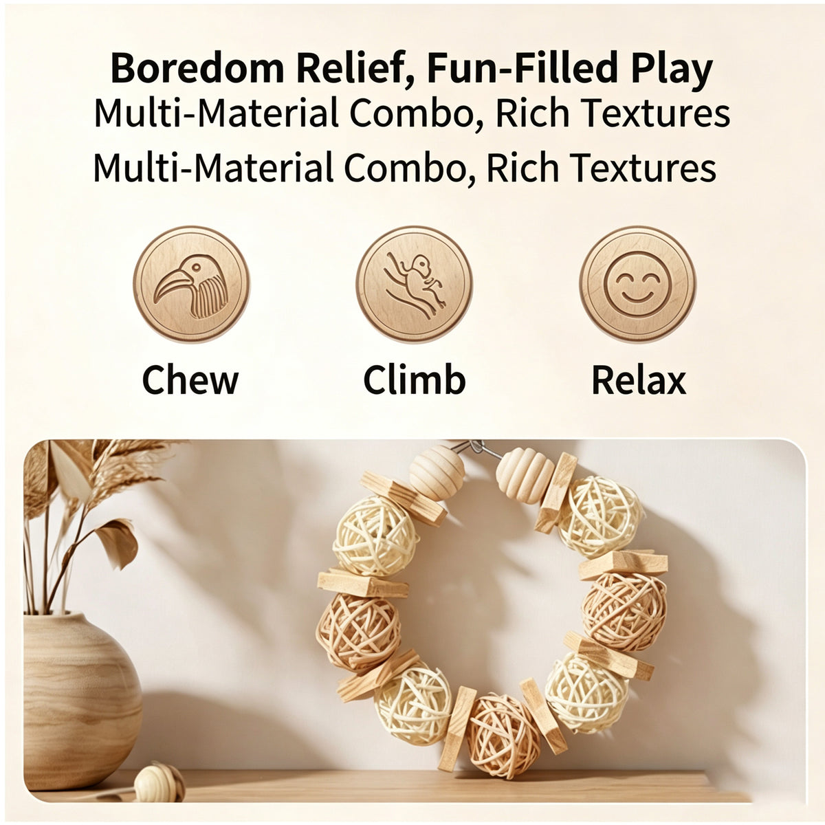 Parrot toys, hand woven rattan balls, natural wood, wind swing, rings, grinding mouth, climbing, relieving boredom, self pleasure bird toys