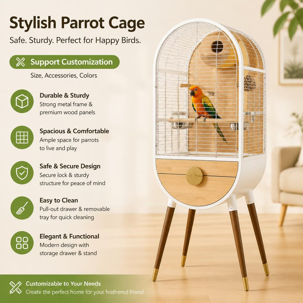 Modern High‑Leg Parrot Cage,Oval Metal & Wood Indoor Bird House for Budgies Cockatiels