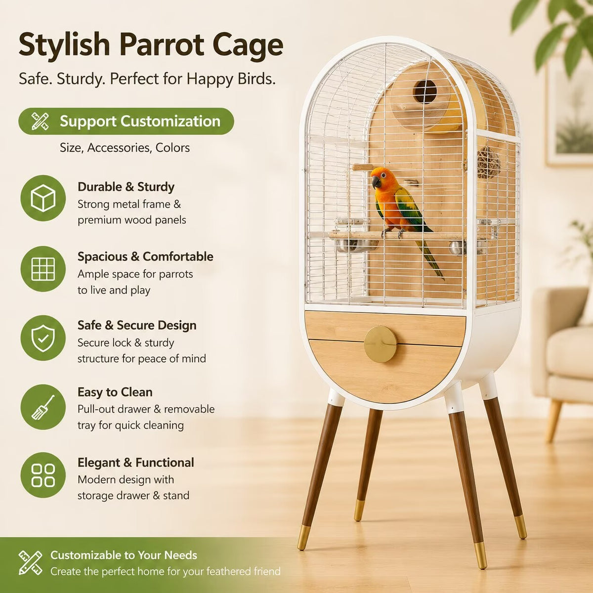 Modern High‑Leg Parrot Cage,Oval Metal & Wood Indoor Bird House for Budgies Cockatiels