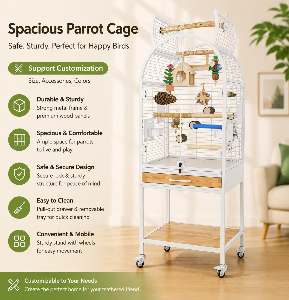 Unique Cat‑Ear Parrot Cage｜Spacious Indoor Bird Aviary With Easy‑Clean Drawer & Storage