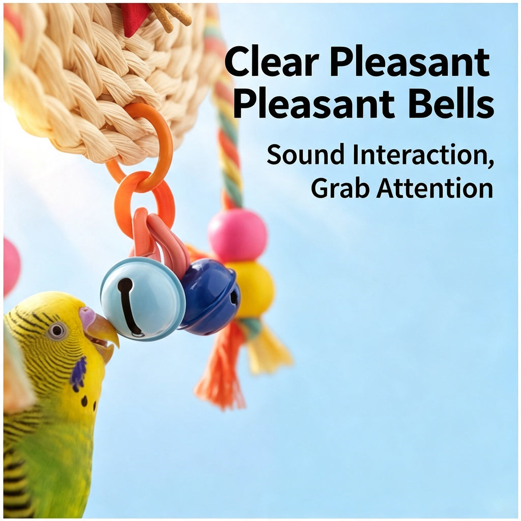 Hanging Natural Woven Bird Chew Toy, Parrot Enrichment Toy with Bells for Small & Medium Parrots